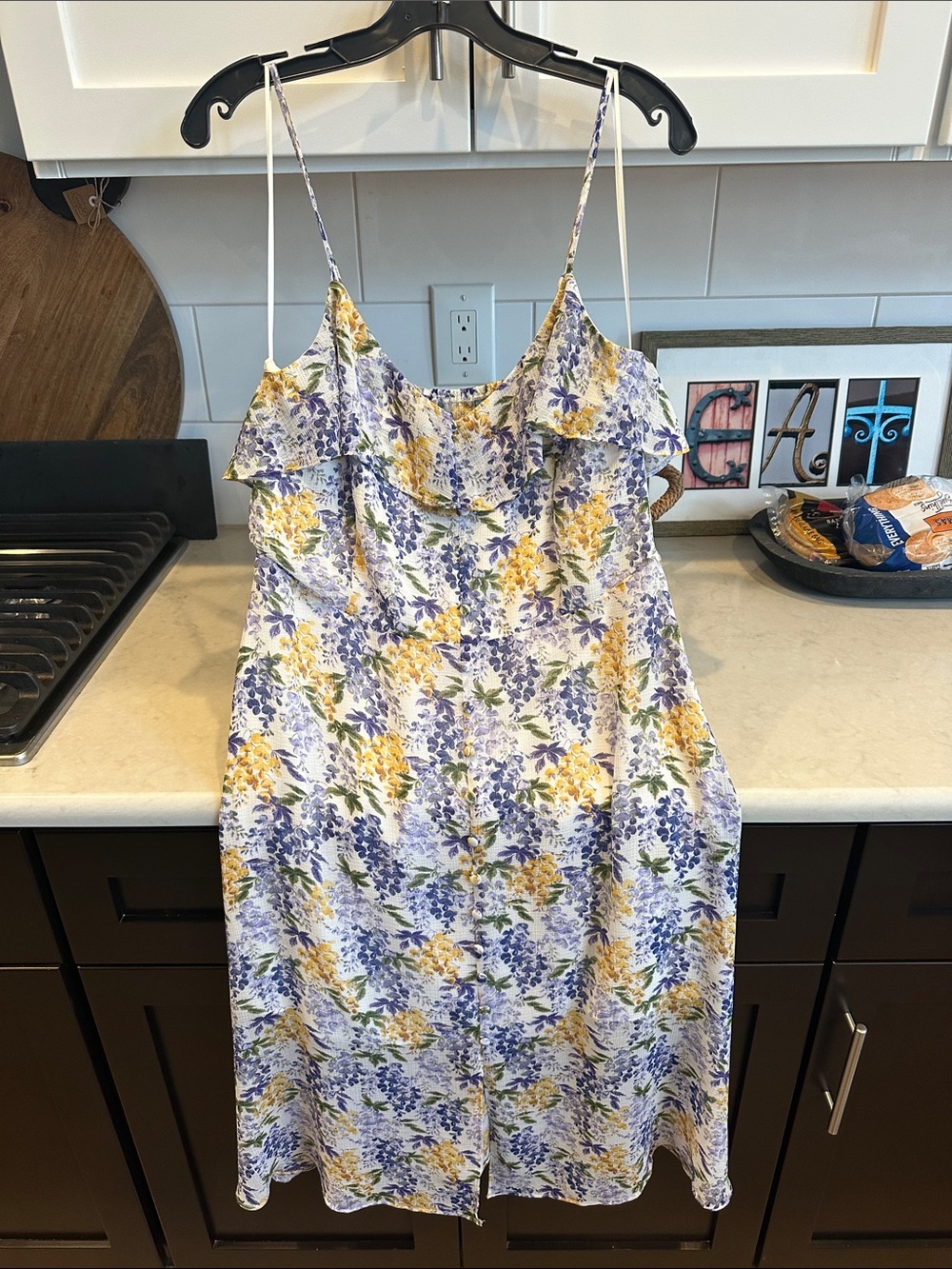 CeCe White Midi Dress with Yellow & Lavender Floral Print